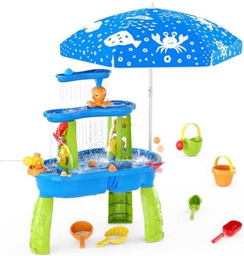 3-tier water table with rain shower umbrella — blue