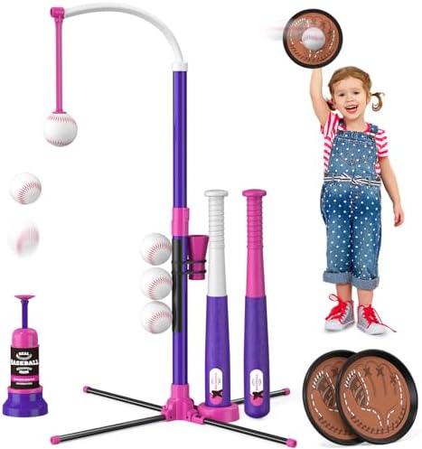 4-in-1 T-ball set with toss and catch game — pink