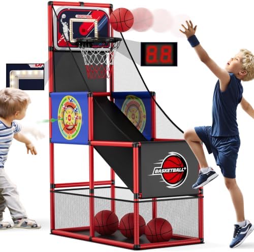 Basketball arcade with electronic scoreboard and dartboard