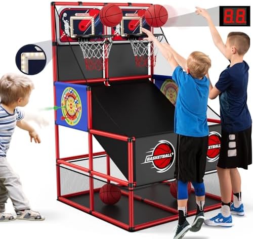 Dual shot basketball arcade with dartboard
