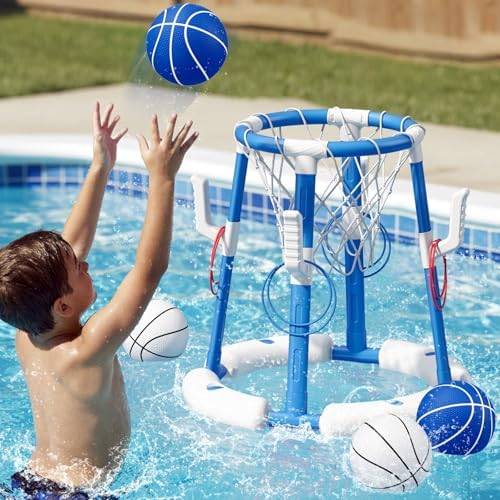 Floating pool hoop with 4 balls and 8 rings