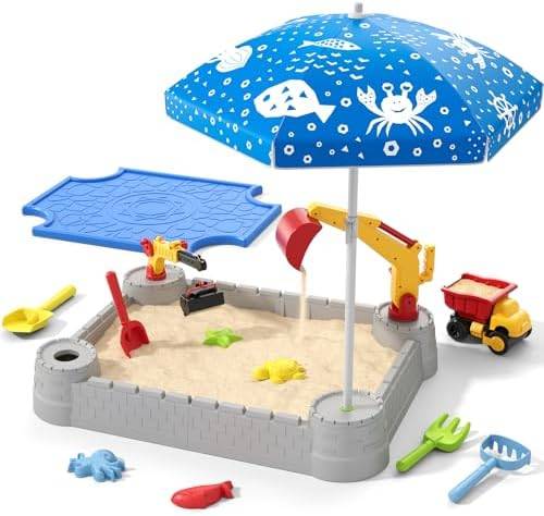 Sandbox with lid, digger and umbrella