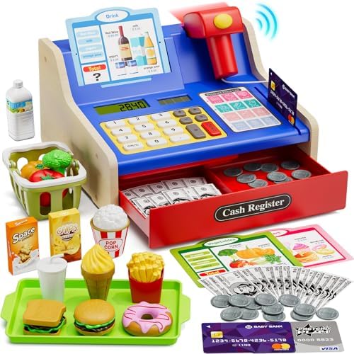 Wooden rechargeable cash register — blue